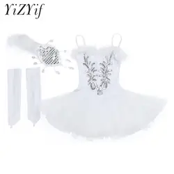 Kids Girls Swan Lake Ballerina Stage Performance Costume Ballet Dance Tutu Leotard with Arm Sleeves Hairpin Princess Dress Sets