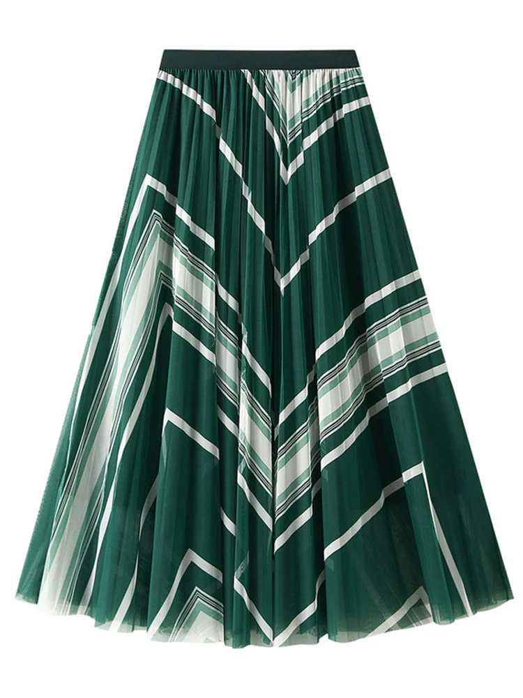 

Contrast Color Striped Tulle Skirt Women Summer High Waist Pleated Midi Long Skirt Female Green Black