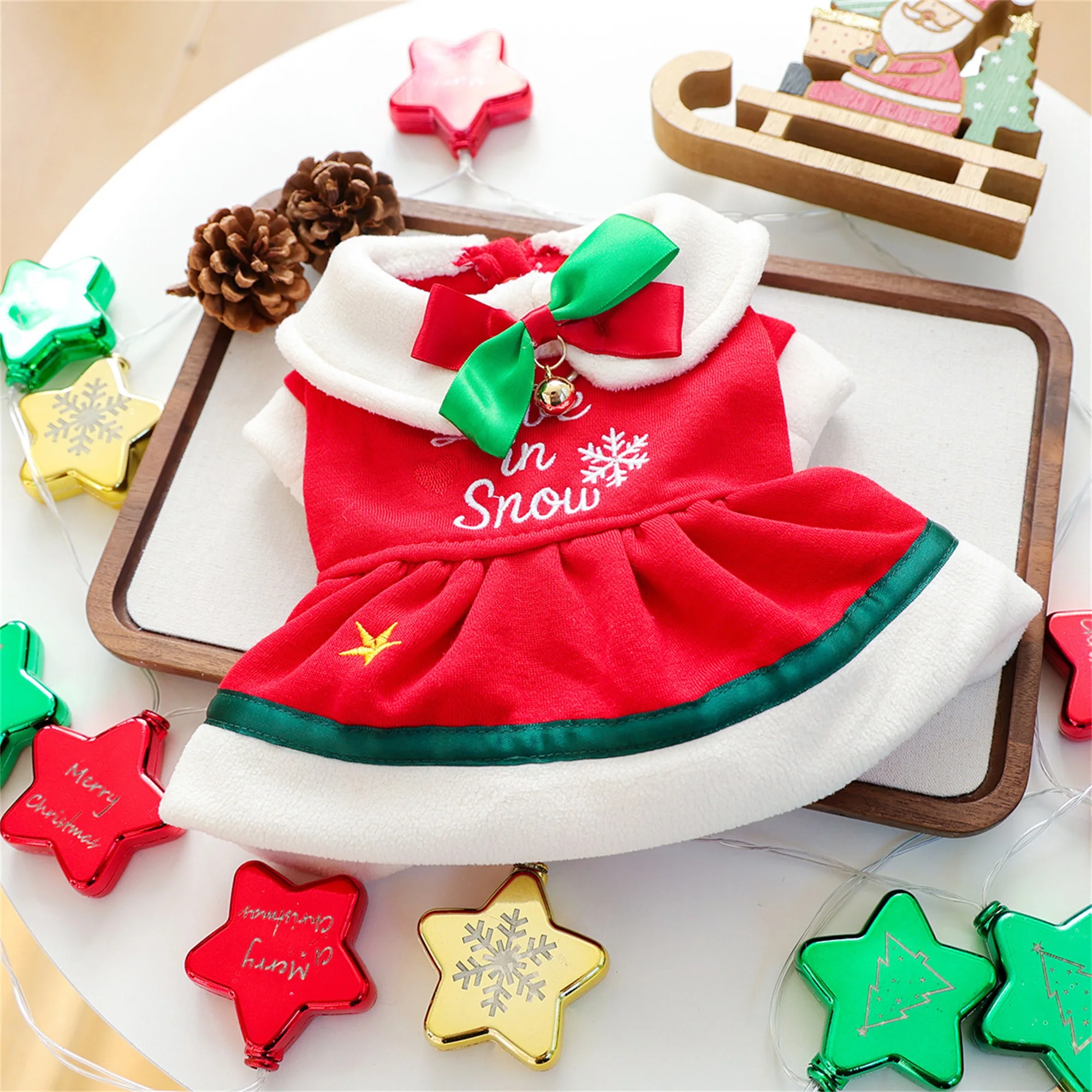 Christmas Dog Dress with Jingle Bell Collar and Festive Bow Tie Adorable Button-Up Pet Outfit for Holiday Celebrations and