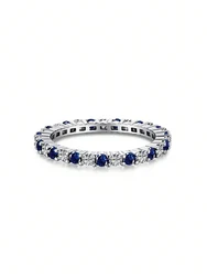 Elegant 925 Sterling Silver Zircon Stackable Ring - Women's Fine Jewelry - 8 (Silver Blue White)