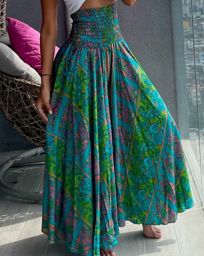 Women's Oversized Trousers 2024 Spring/Summer Latest Casual Boho Vintage Tribal Paisley Print Shirred High Waist Wide Leg Pants