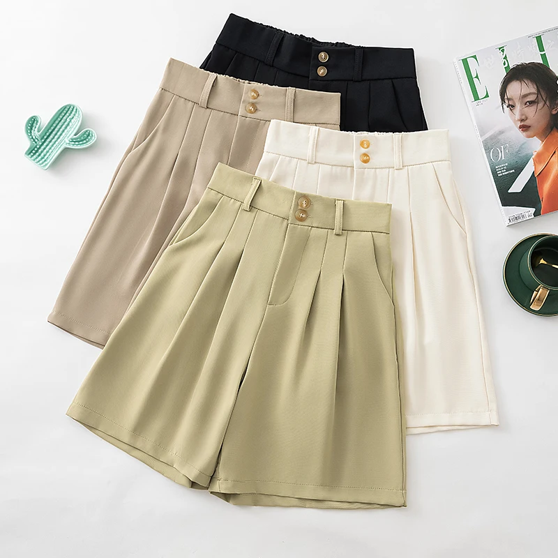 

Women Shorts Spring Summer Casual High Waist A-line Elastic Shorts Loose Wide Leg Cross-pant Shorts Chic Lady Black Suit Shorts
