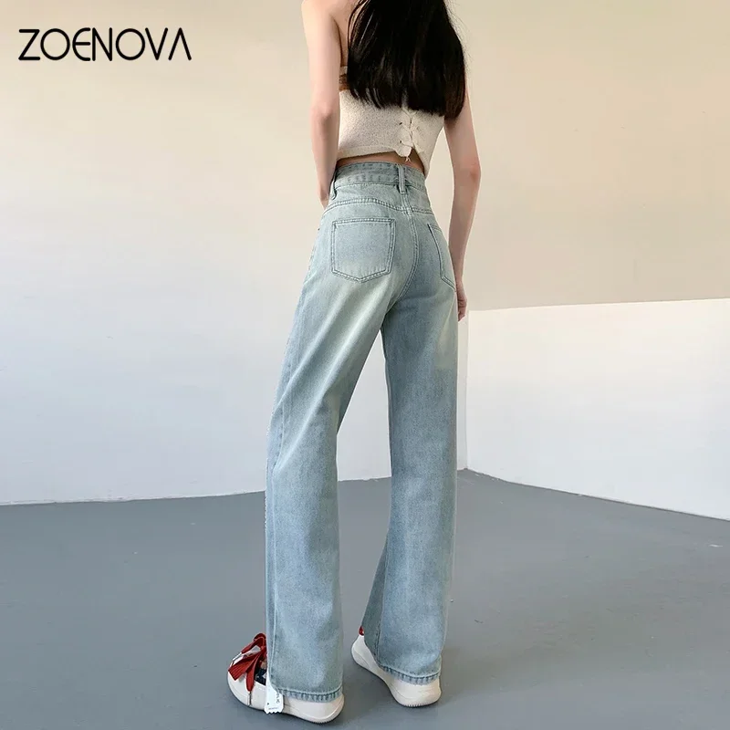 ZOENOVA 여성용 하이웨이스트 청바지, 루즈한 와이드 레그, 스몰 슬림 하이 스트리트 갸루 스트레이트 팬츠, 한국 패션, 용수철 가을