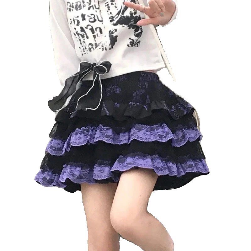 Japanese Subculture Y2K Sweet Cool Girl Retro Punk Harajuku Lace Stitching Elastic High Waist Cake Ball Gown Mini Skirt Women