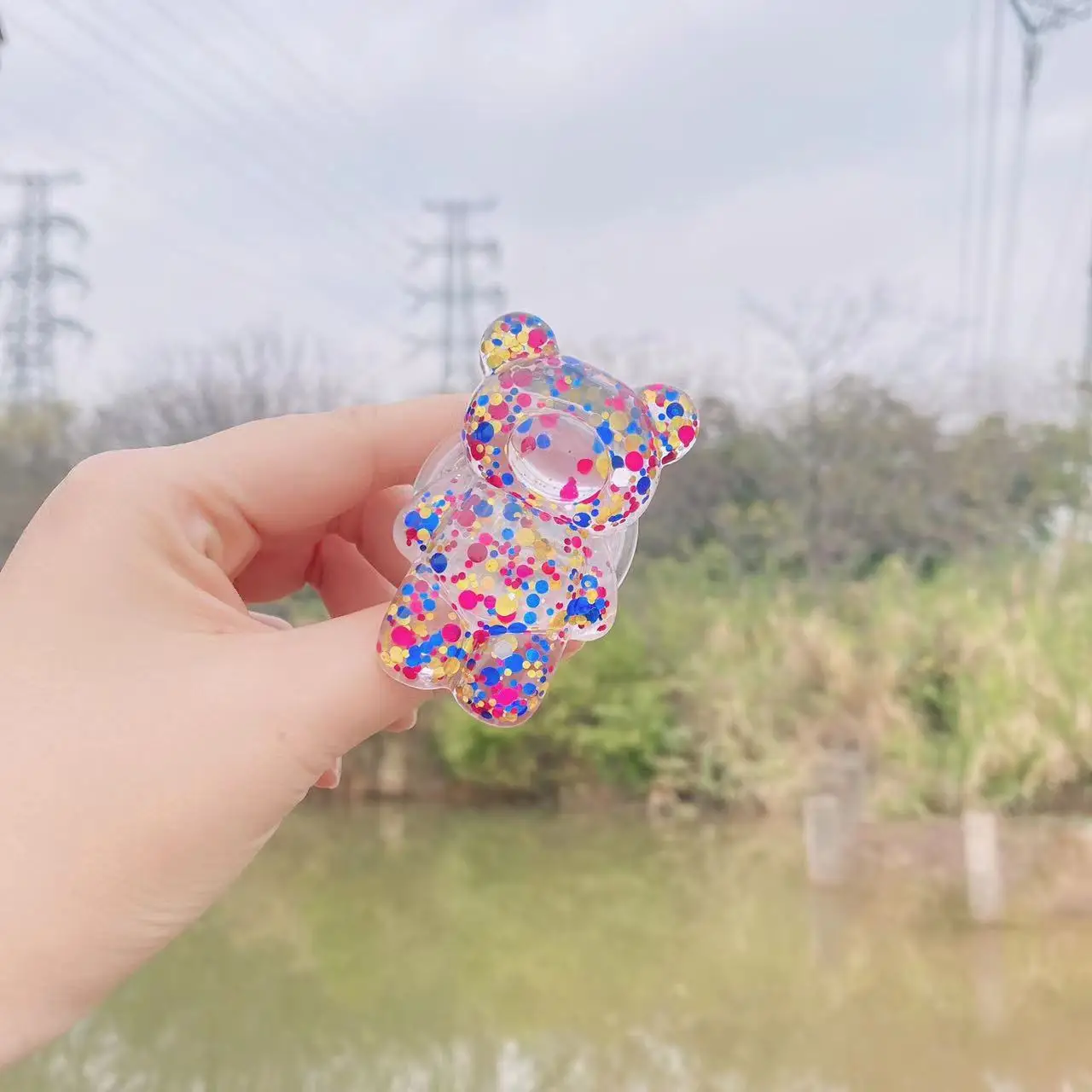 iphone charging dock Glitter bear transparent three-dimensional lazy retractable desktop back with air cushion support phone holder for car cup holder Holders & Stands