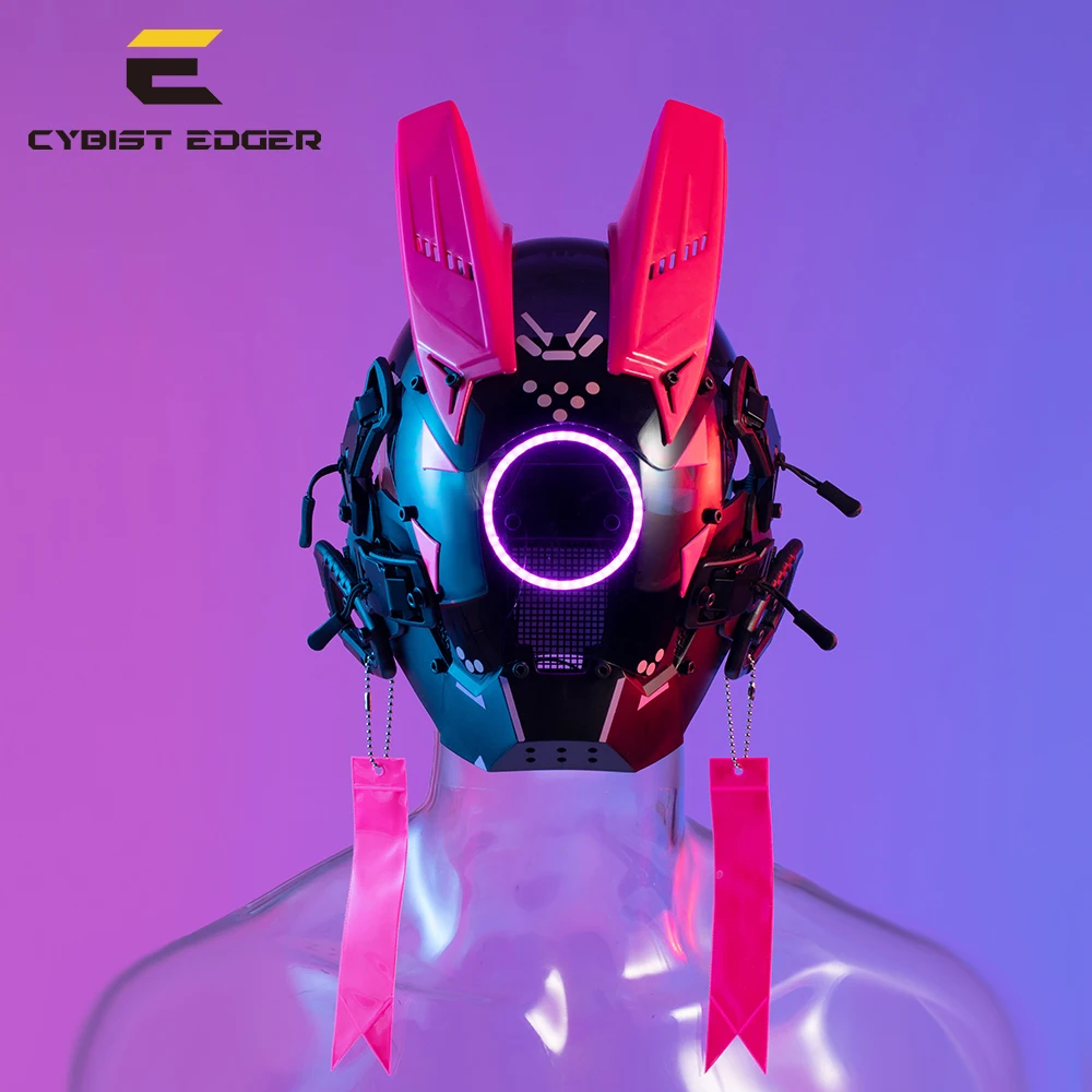

Cyber Punk Mask Pink LED Night City Mecha Festival Samurai Circular Cosplay ACG SCI-FI Helmet Halloween Party Gifts For Adults