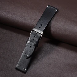 Vintage Oil Wax Genuine Leather Watchband - Quick Release Calfskin Strap - 22mm (Black)