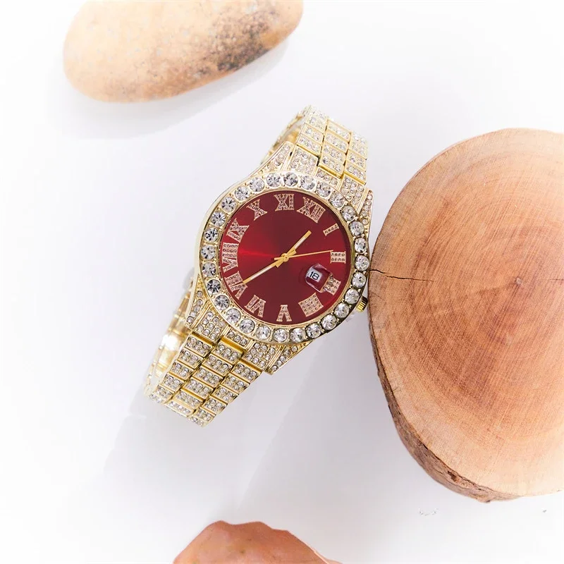 Popular Business Men's Faux Diamond-studded Steel Strap Watch, Fashion Hip-hop Street Culture Cuban Bracelet