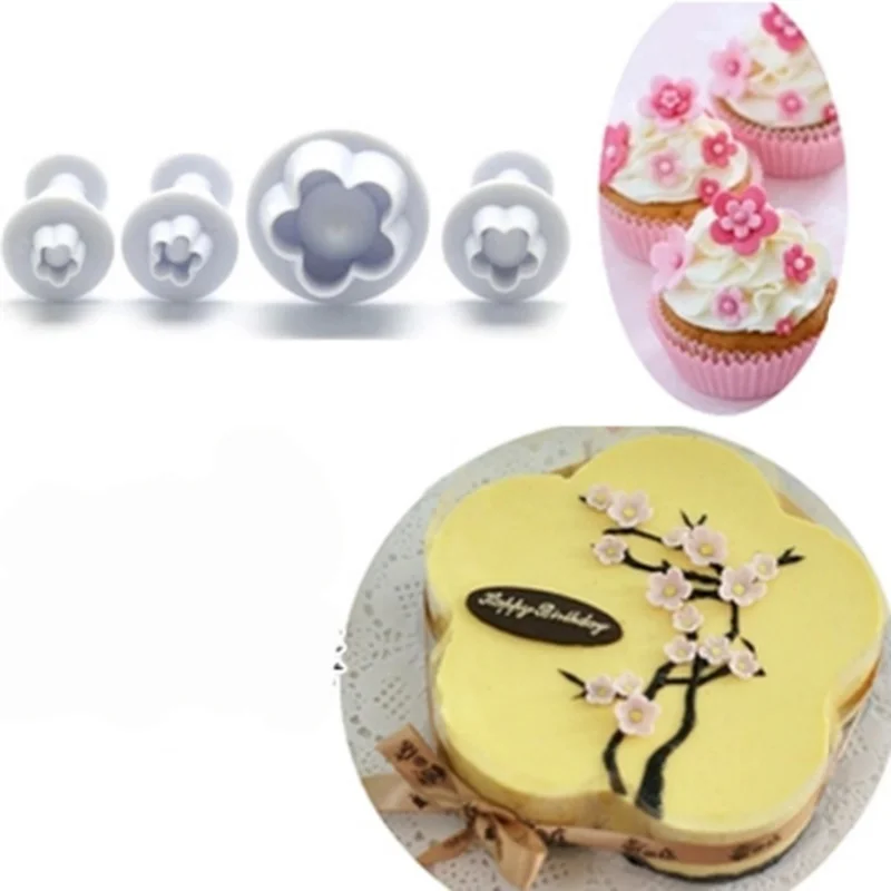 4Pcs/Set Plum Flower Plunger Fondant Mold Cutter Sugarcraft Cake Tools Decorating Christmas Convenience Small Tools Accessories