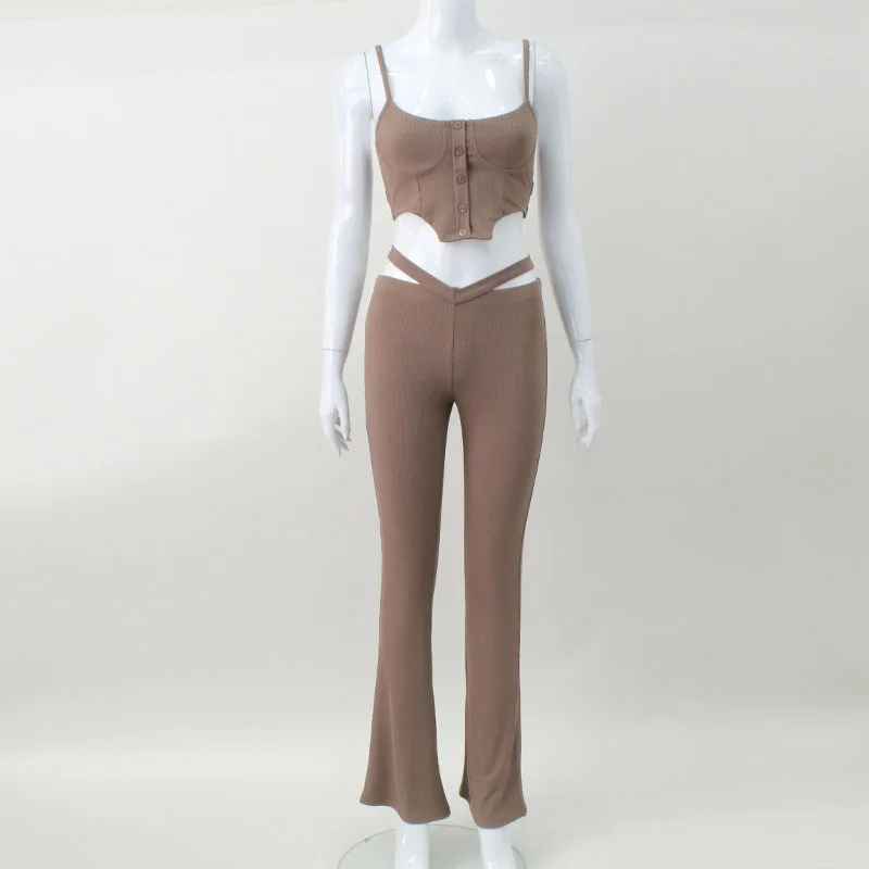 Sexy Corset Camisole Cute Button Up Slim Bodycon Crop Tops +Hollow Out Pants Autumn Ribbed Knitted Y2K Grunge Clothes