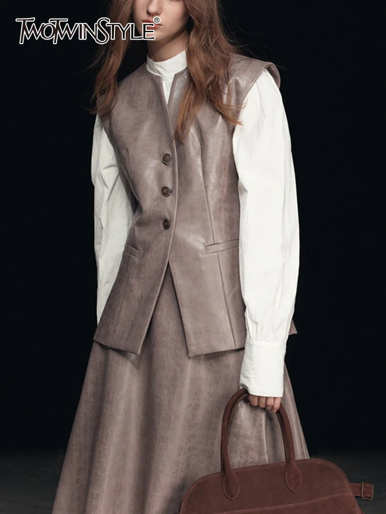 

TWOTWINSTYLE Solid Casual Leather Waistcoat For Women Round Neck Sleeveless Tunic Patchwork Single Breasted Vests Female Style