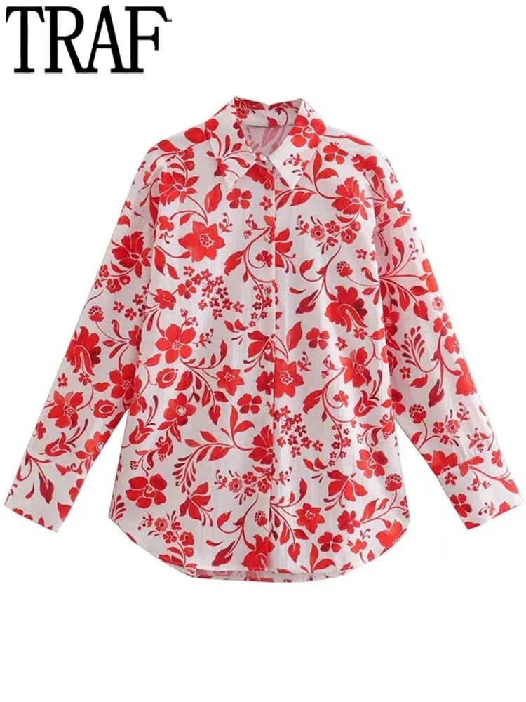 TRAF 2022 Red Floral Shirt Women Collared Button Up Shirt Woman Long