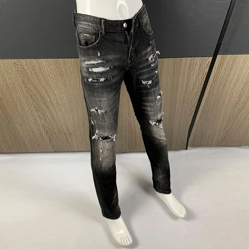Street Fashion Men Jeans High Quality Retro Black Gray Stretch Slim Fit Ripped Jeans Men Patched Designer Hip Hop Brand Pants
