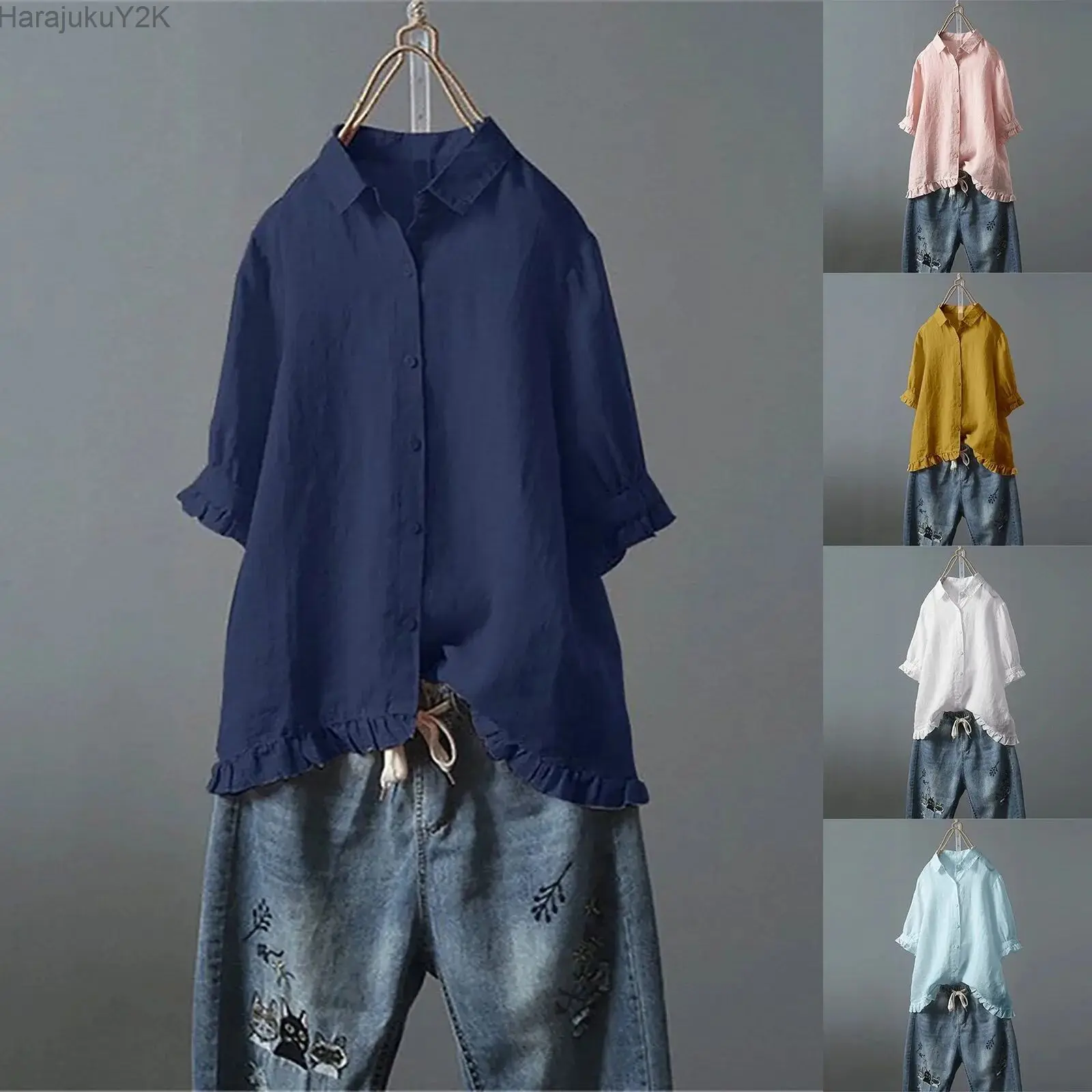 

Elegant Cotton Linen Shirts Women Casual Solid Button Lapel Blouses Shirts Spring Summer Long Sleeve Loose Tops Tunic Blusas