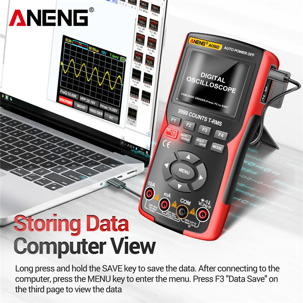 ANENG-Oscilloscope numérique AOS02, test de transistor, multimètre, taux d'échantillonnage 48ms, 10 Z successifs, bande passante analogique, prise en charge du stockage de formes d'onde