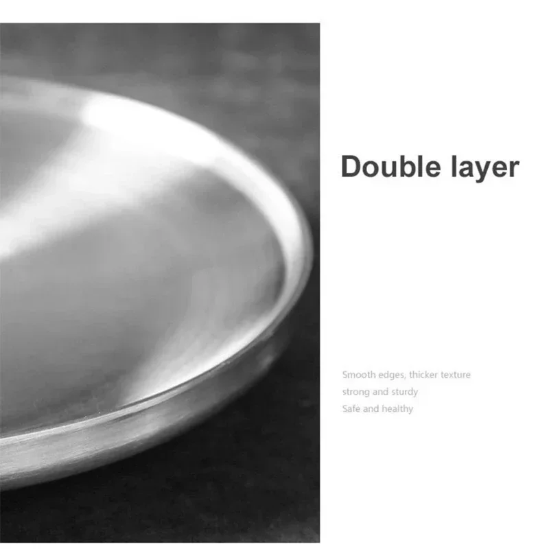 Stainless Steel Double Round Layer Dinner Plate Insulation Heat Dish Anti-scald Korean Bowl Seasoning Dish Supplies Kitchen
