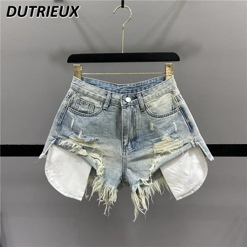 

Tassel Ripped Denim Shorts for Women 2023 Summer New Slim Fit Hot Girl High Waist Shorts Slimming A- Line Wide-Leg Hot Pants