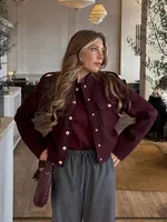 HH Women Vintage Wine Red Coat O Neck Long Sleeve Single Breasted Jacket With Pockets Autumn Casual Office Lady Outerwear