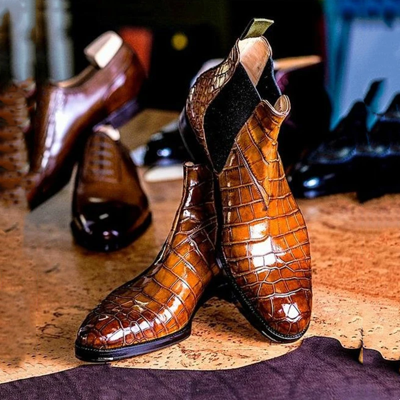 New Brown Chelsea Boots for Men Black Business Pointed Toe Slip-On Crocodile Pattern Handmade Men's Short Boots