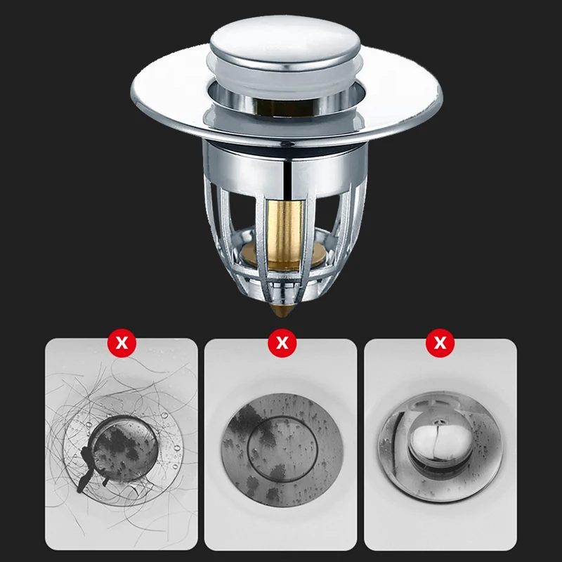 Universal Pop-Up Bathroom Sink Stopper Odor-Resistant Press-To-Close Drain Plug for Washbasin Accessories Hair Catcher Strainer