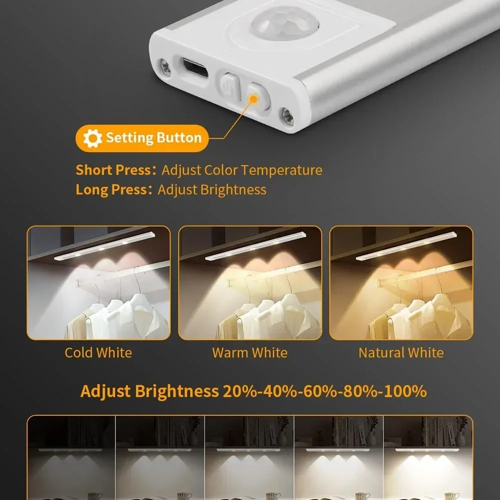 모션 센서가 있는 야간 조명, 침실 침대 옆 테이블 주방 캐비닛 램프용 충전식 USB LED 스트립 조명