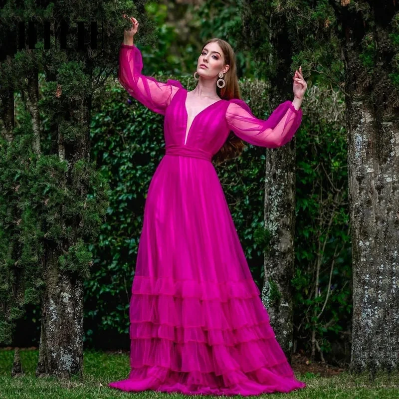 

Hot Pink Tulle A-Line Mermaid Evening Dresses Beading Saudi Arabia Long Sleeves Prom Party Dress With Shawl Side Sexy Backless