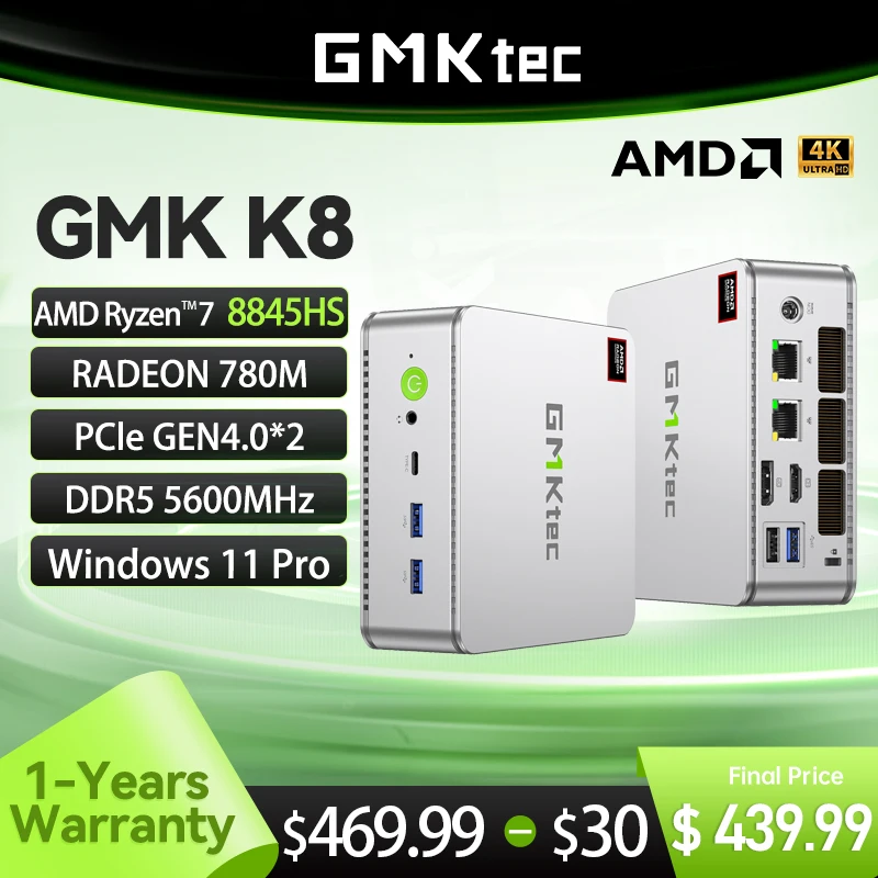 GMKtec GMK K8 Mini PC AMD R7-8845HS NUCBOX Projekt systemu podwójnego wentylatora Window 11 Pro AMD Radeon™ 780M PCle GEN4.0*2 DDR5 5600MHz