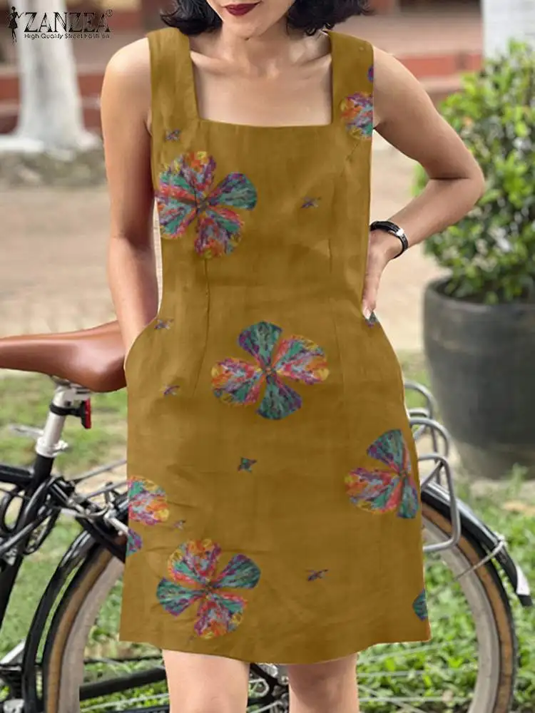 

ZANZEA Women Vintage Square Neck Floral Print Dress Bohemian Summer Beach Holiday Sundress Casual Sleeveless Knee-length Vestido