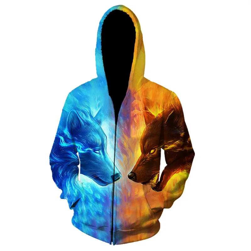 thumbnail image 1 of Sudadera con capucha para hombre de primavera y otoño con estampado de lobo Harajuku en 3D, cárdigan con cremallera y cordón de manga larga, 1 of 4