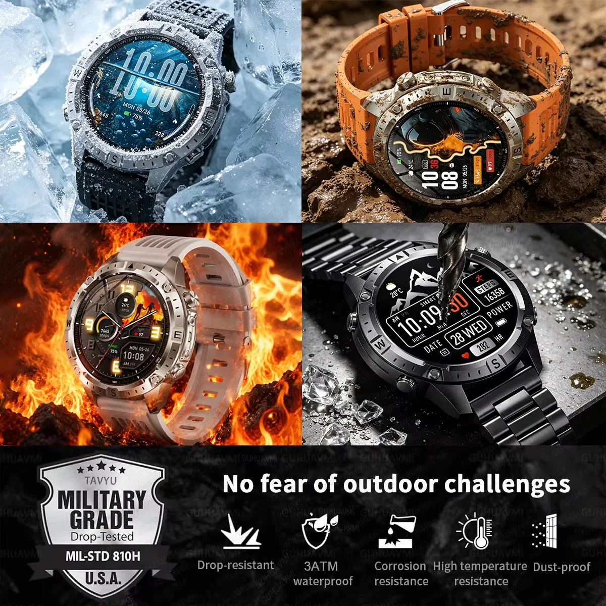 2026 Outdoor New GPS Offline Map T-Rex 3 Military Grade Smart Watch Men 3ATM Waterproof LED Flashlight HD Call 100+Sports Watch 6