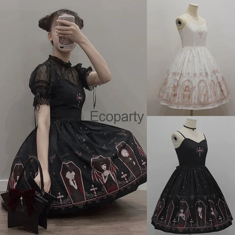 

New Women Gothic Angel Printed Dress Black Japanese Lolita Jsk Victorian Suspender Dress Sexy Lolita Sweet Goth Bandage Dresses