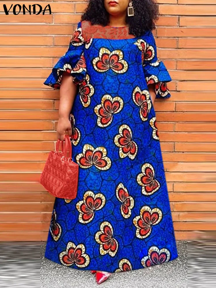

VONDA Bohemian Floral Printed Maxi Dress 2023 Women Flare Sleeve Lace Patchwork Ruffled Sundress Summer Holiday Beach Vestidos