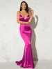 Deep V Neck Stretch Satin Floor Length Dress Long Mermaid Bodycon Backless Evening Party Bridesmaids Prom Gown 2