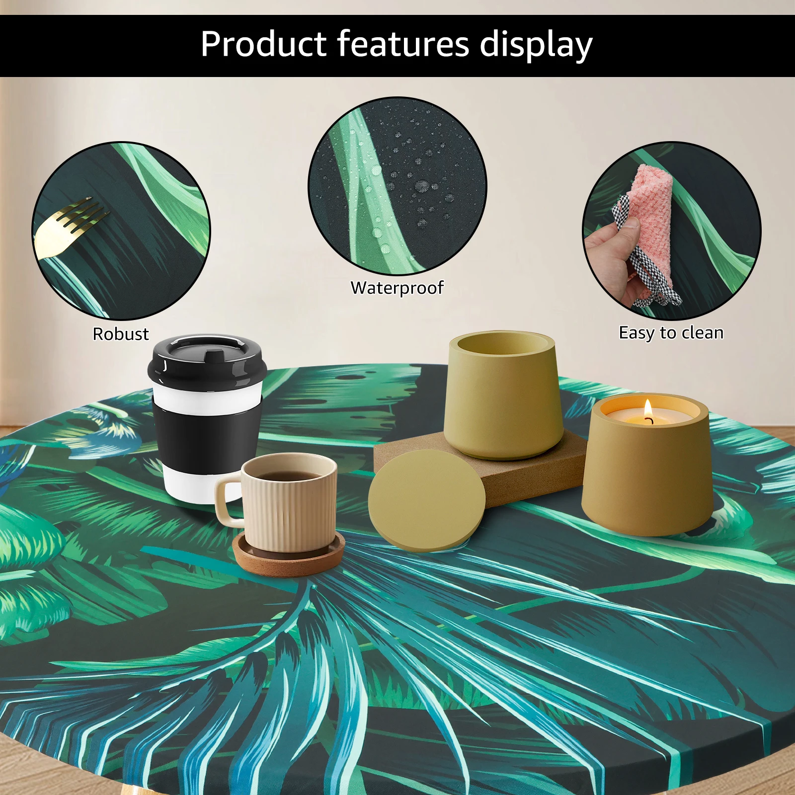 Elastic Round Tablecloth Polyester Waterproof Tablecloth Cover with Pattern Decorative Desktop Protective Cover for Dining Table