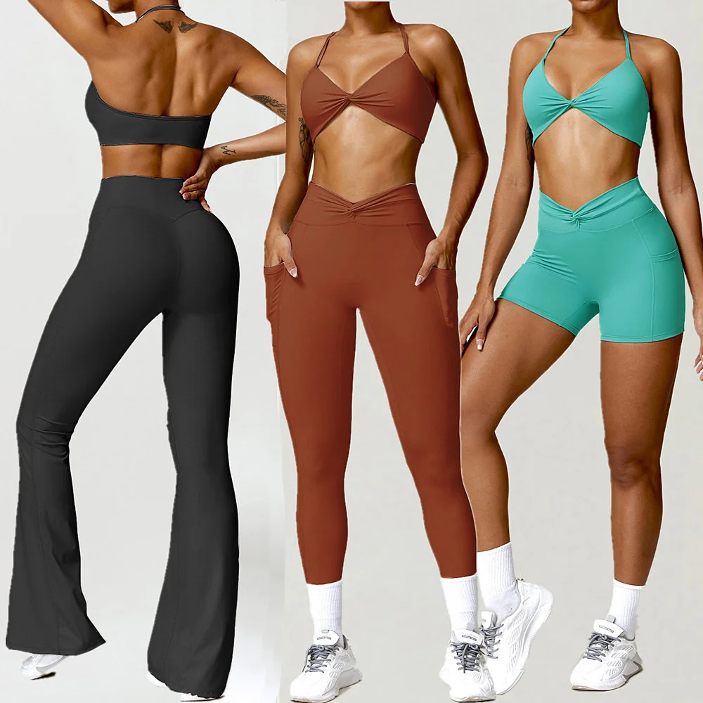 Fitness Twist Sport Bra Yoga Set Women High Waist Workout Pocket Leggings Female Pant Tracksuit Gym Active Suits XS-XL 1/2PCS