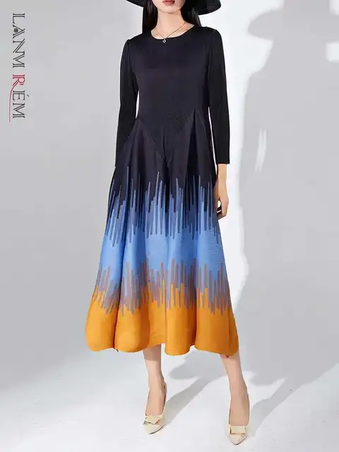 LANMREM Printed Pleated Dress Long Sleeves Color Block Fold Fashion Big Dresses Female Evening Clothing 2023 New 2DA2101
