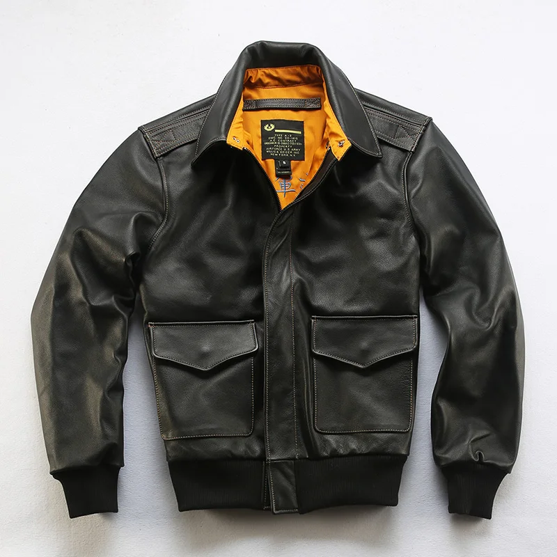 Description Picture 6 of itemA2 Pilot Genuine Cowhide Leather Jacket Vintage Lapel Men's Short Coats Dermis Clothings
