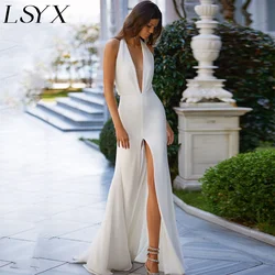 Lsyx Sexy Backless Deep V-Neck Halter High Slit Mermaid Wedding Dress For Women Sleeveless Sweep Train Beach Bridal Gown