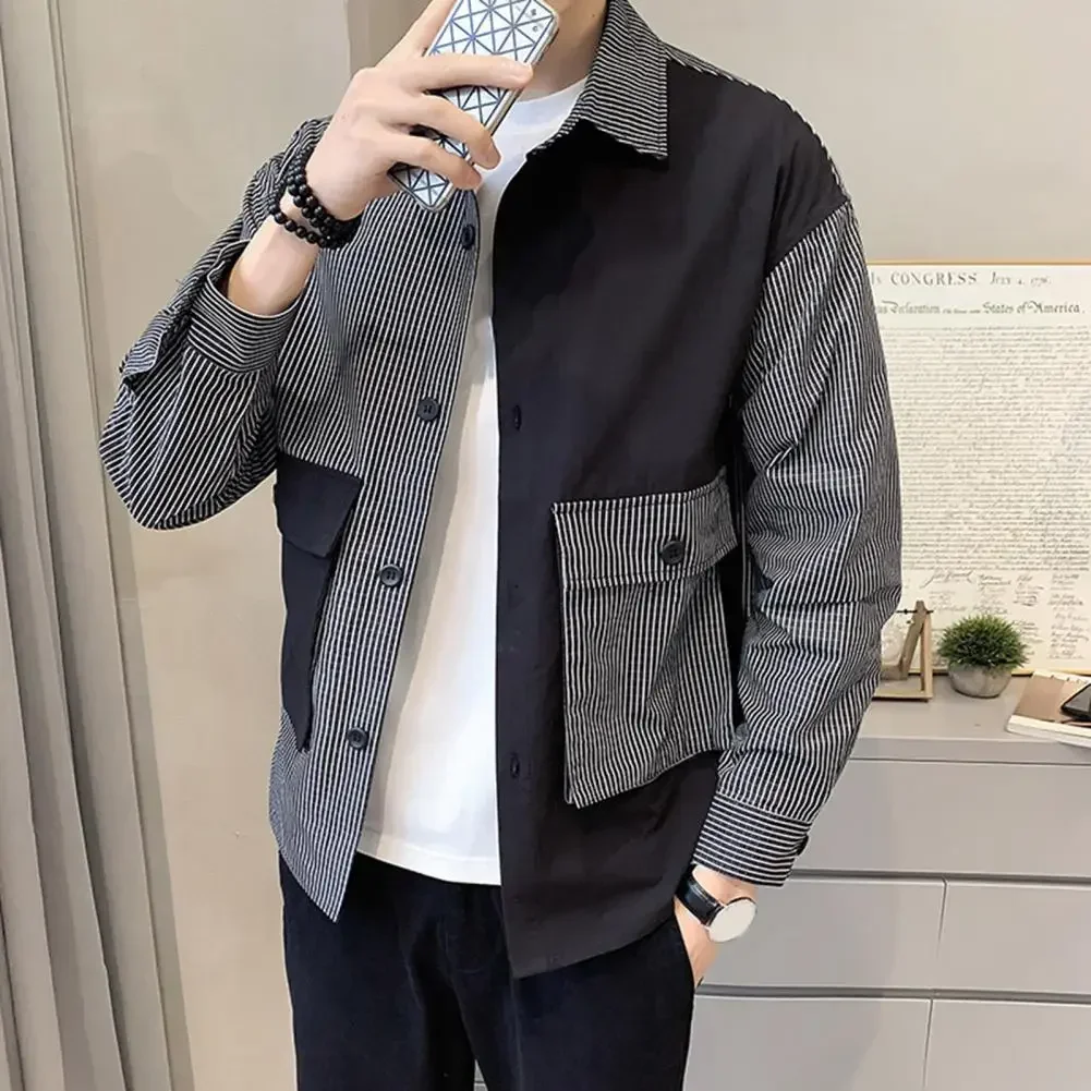 

Men Shirt Stripe Long Sleeve Stand Collar Pocket Silky Spring Shirt Casual Trendy Corduroy Breathable Men Tops for Work