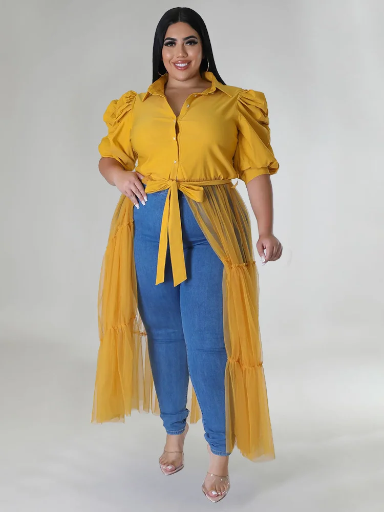 Wmstar Plus Size Dresses Sexy Mesh Patchwork Puff Sleeve
