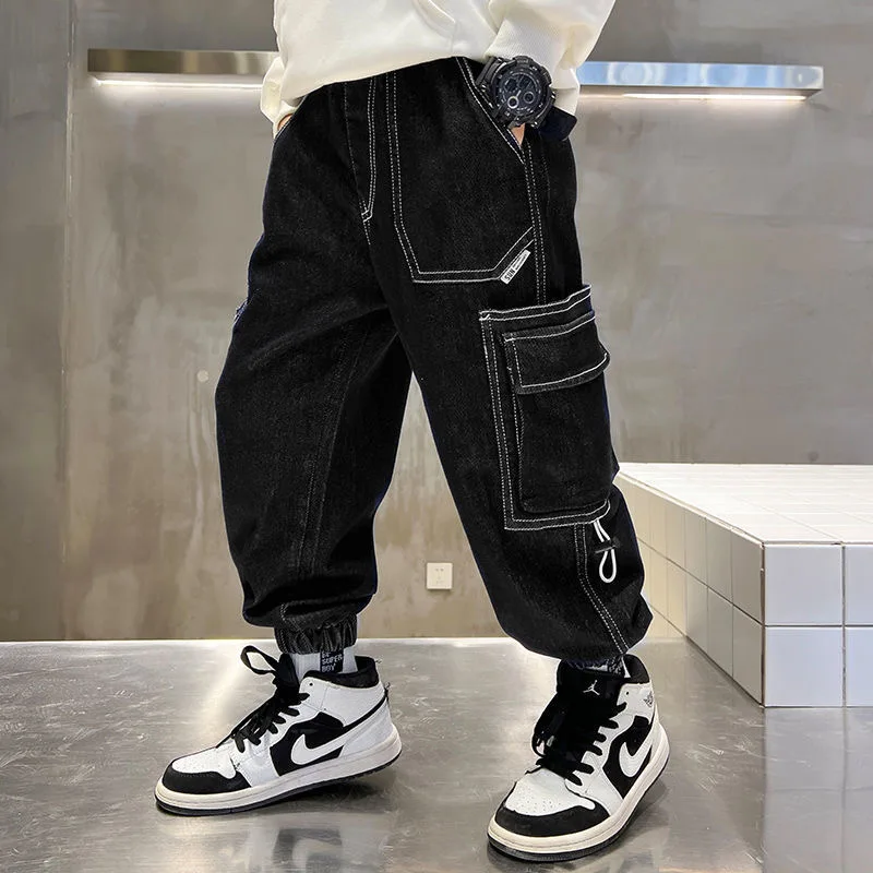 

EACHIN Cargo Pants for Kids Fashion High Waist Jeans Boys Loose Casual Trousers Children's Big Pocket Sweatpant New Harem Pant