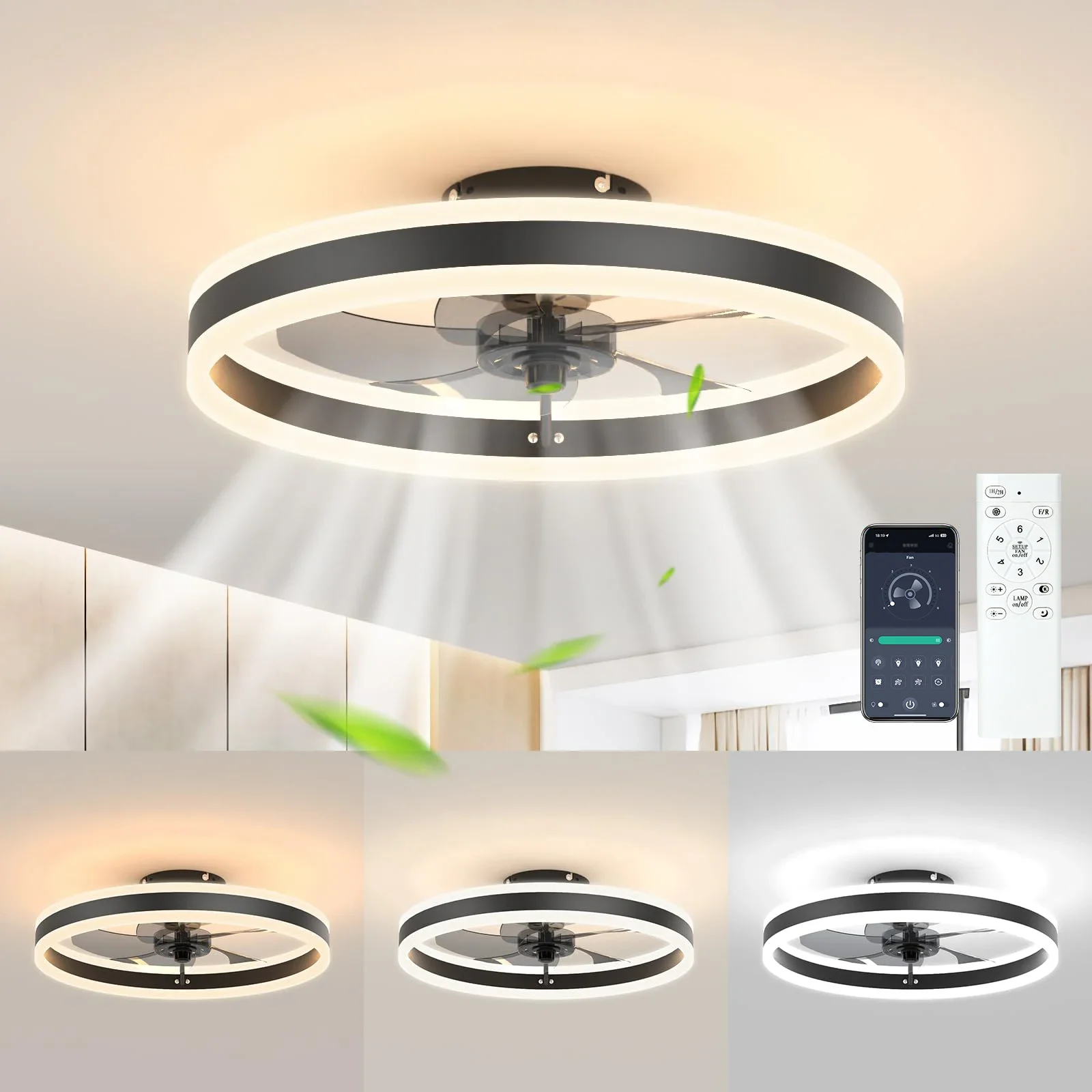 Modern Ceiling Fan (With Lighting) Silent LED Dimmable Ceiling Fan (With Remote Control) for Bedroom Study Dining Room, 3