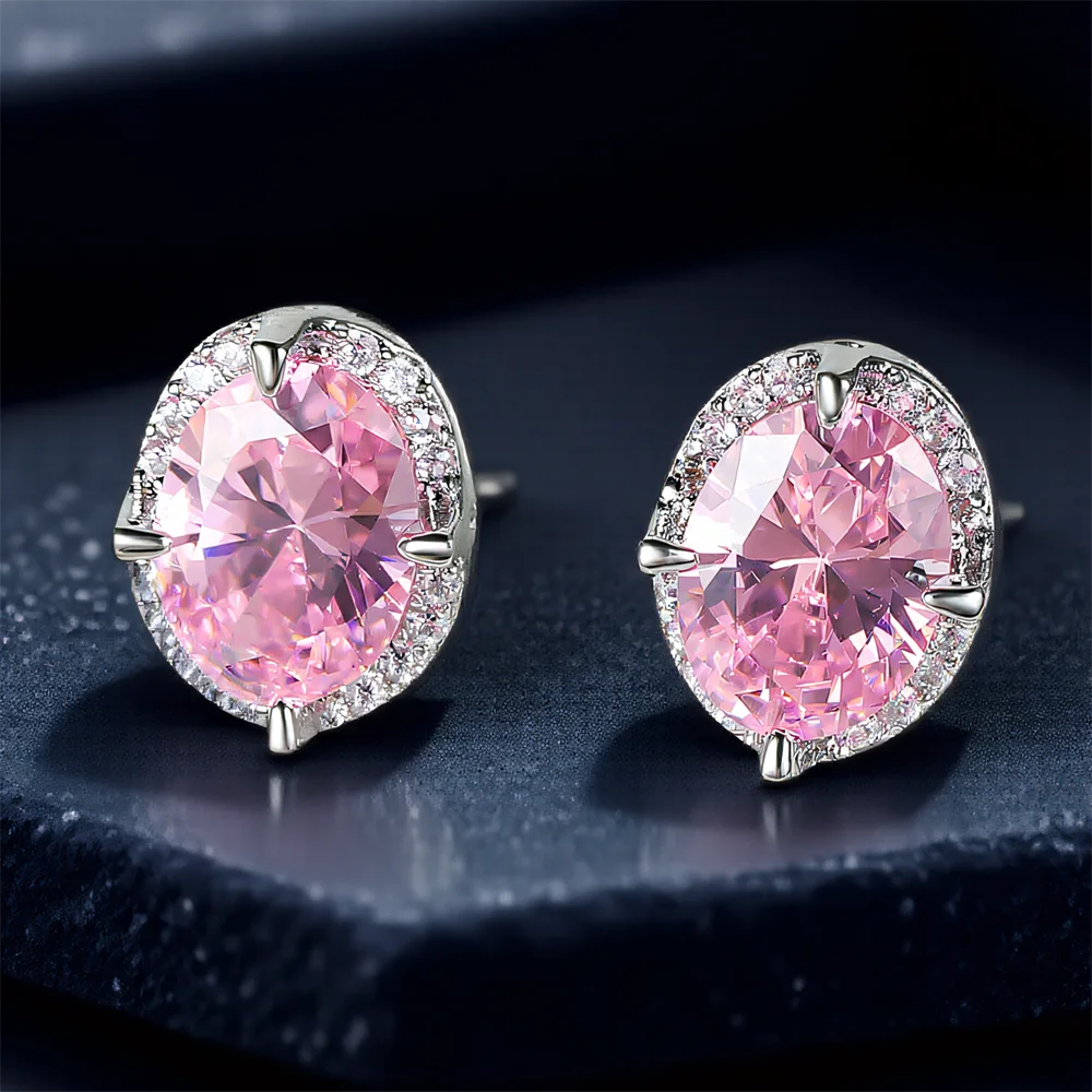 Elegant Pink Crystal Oval Stone Stud Earrings For Women Vintage Silver Color Wedding Earring Versatile Jewelry Gifts