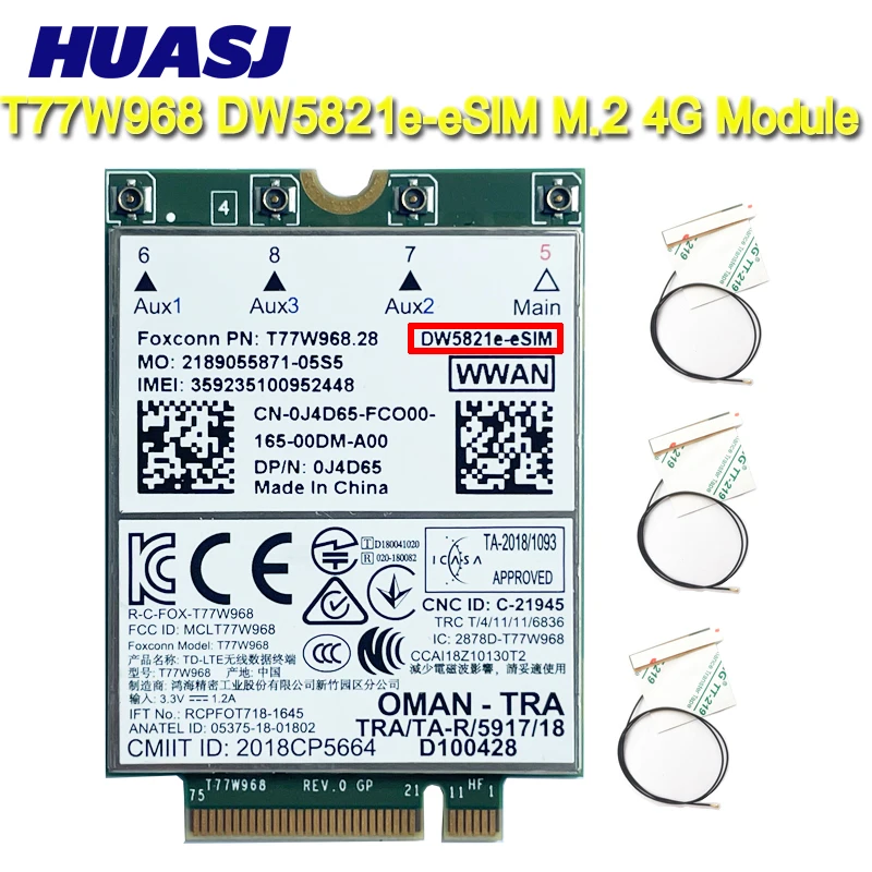 Módulo Cartão 4g Wwan para Lattitude 5420 5424 7424 Robusto Latitude 7400 Dell Dw5821e- Esim Lte Cat16 Adaptador Usb 3.0 T77w968