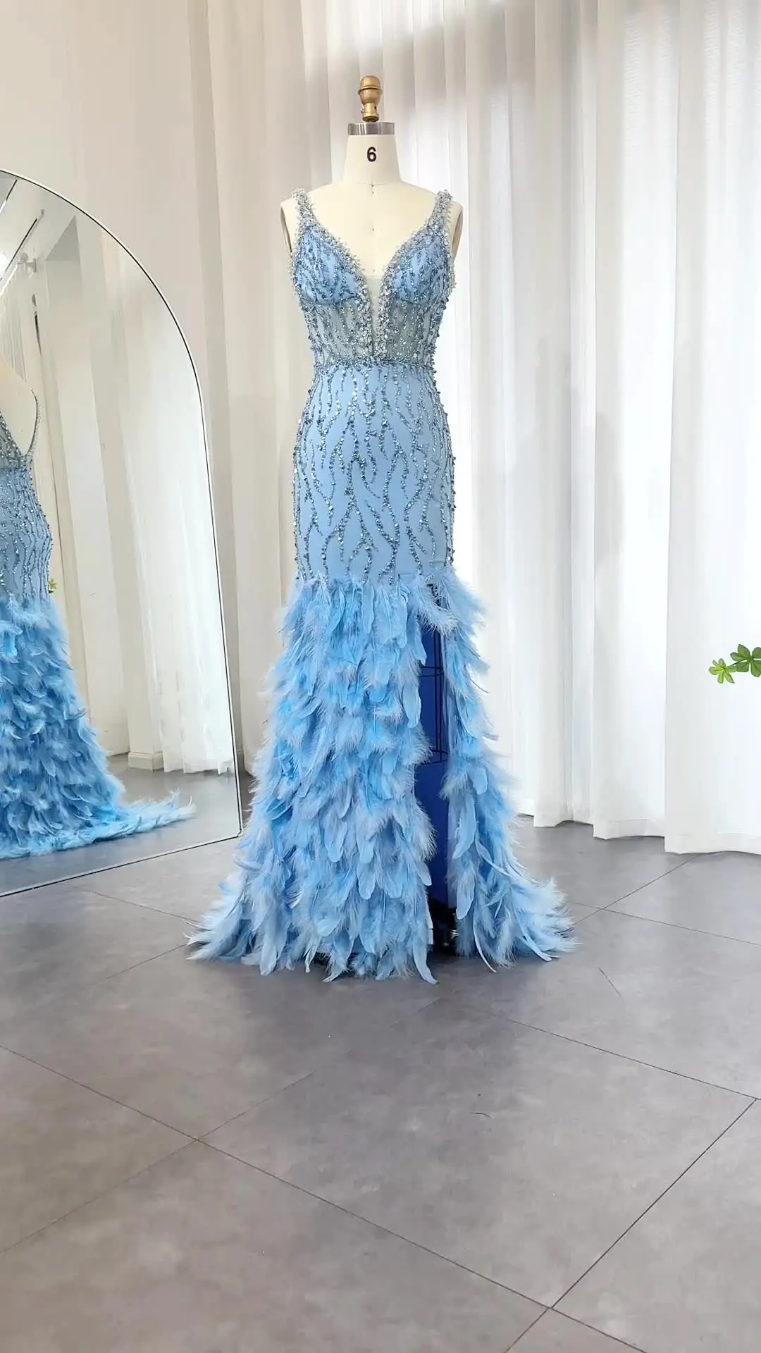 Sharon Said Luxury Feathers Blue Mermaid Evening Dresses for Wedding V-Neck  Pink Side Slit Prom Party Dress SS184 Customized