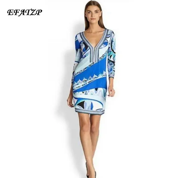 

EFATZP Runway High Street Fashion Women's Long Sleeve Blue Print Signature Knee Length Day dress Jersey Silk Tunic Dress