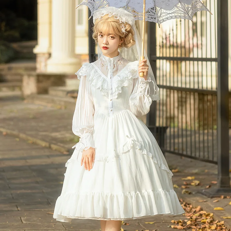 Pre-order Vintage Lolita Costume Long Sheer Sleeve Casual Dress Lace Ruffled Illusion Neck Midi Gothic Party Dress