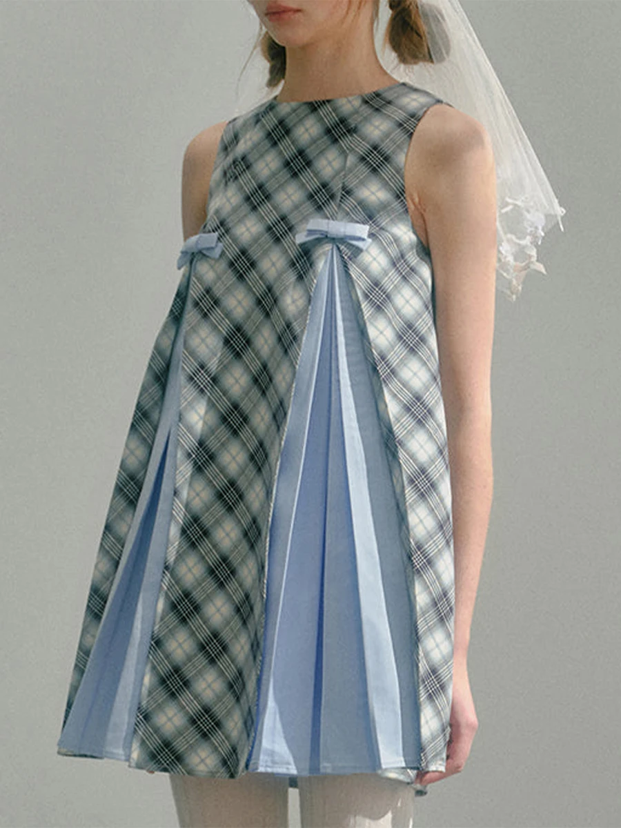 Sleeveless Plaid Mini Dress with Round Neckline and Pleated Skirt Women s Summer Fashion Casual Patchwork Dress