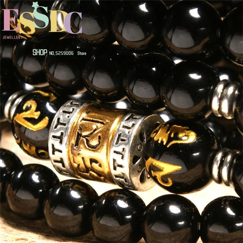 New Style 8mm Natural Black Obsidian Beads 108 Mala Buddhist Golden Barrel Charm Men and Women Prayer Strand Bracelet Wholesale