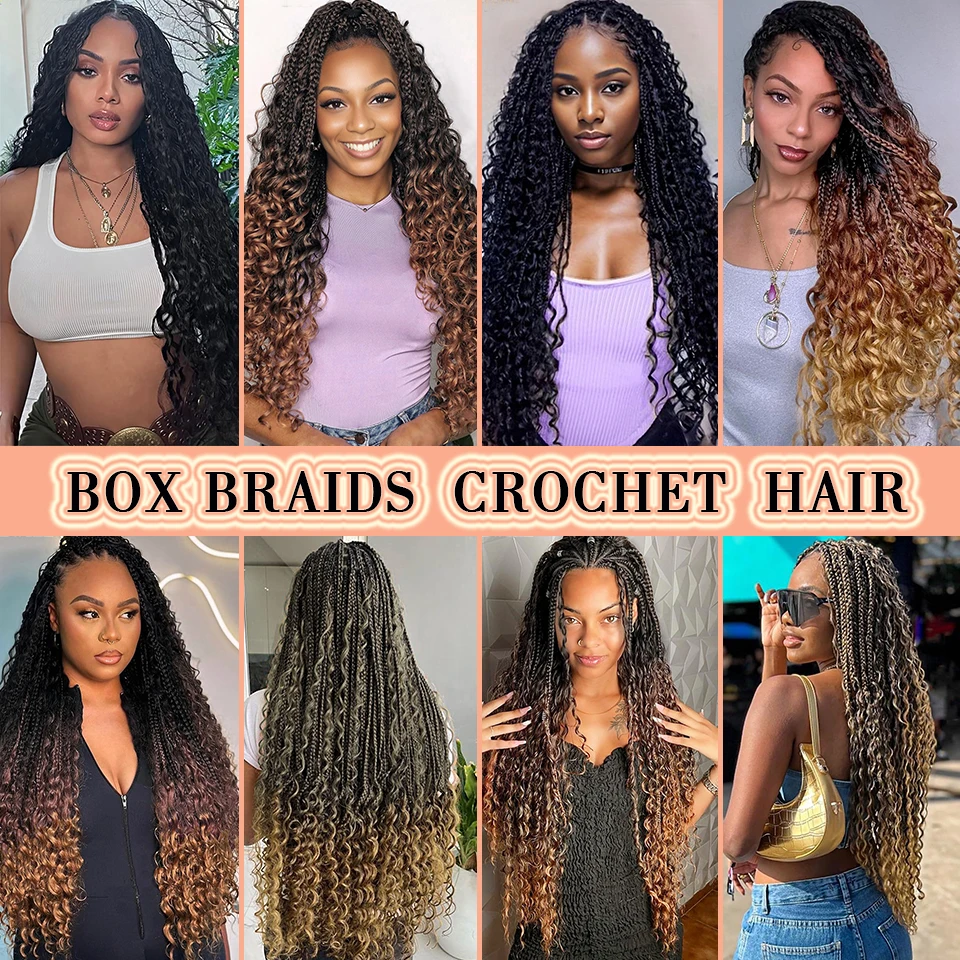 BEWILL 18 24inch Boho Box Braids Crochet Hair Bohemian Goddess Box Braids Synthetic Crochet Hair with Curly Ends for Black Women